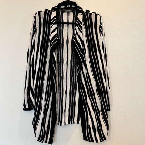 Kasper Black and White Striped Knit Cardigan Size Large - Picture 1 of 8